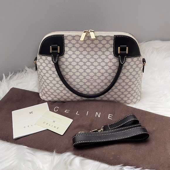 Celine Vintage Dome Satchel, White Macadam Canvas, Top Handle and Crossbody - Picture 1 of 16